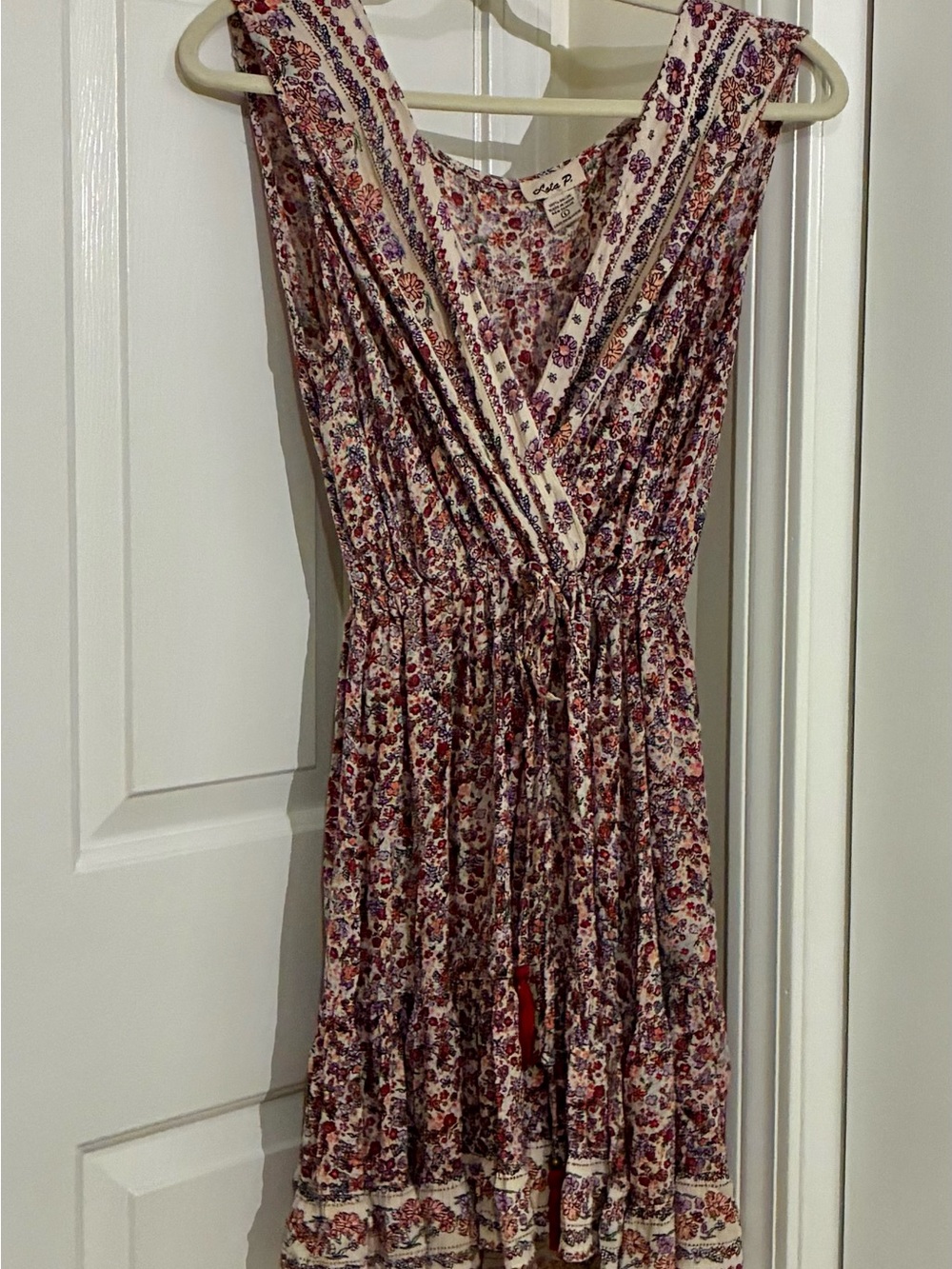 Sleeveless Cream Midi Dress with Red & Purple Floral Print